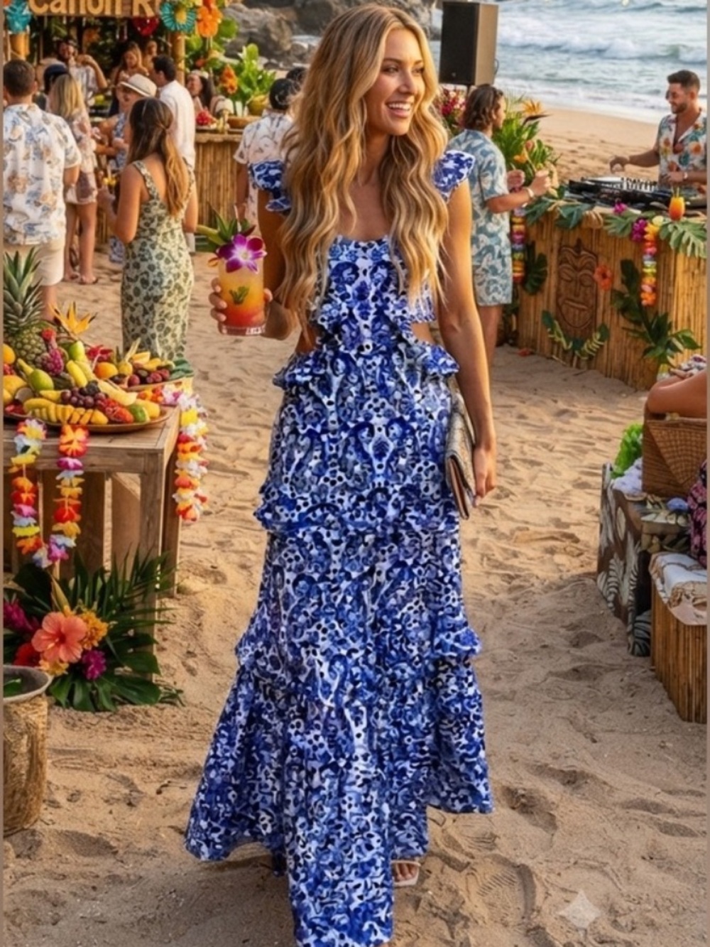 Simply Southern Blue Paisley Ruffle Cutout Tiered Maxi Dress M
